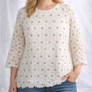 Alfred Dunner White Lace Blouse with Gold Dots | Women’s Size Large